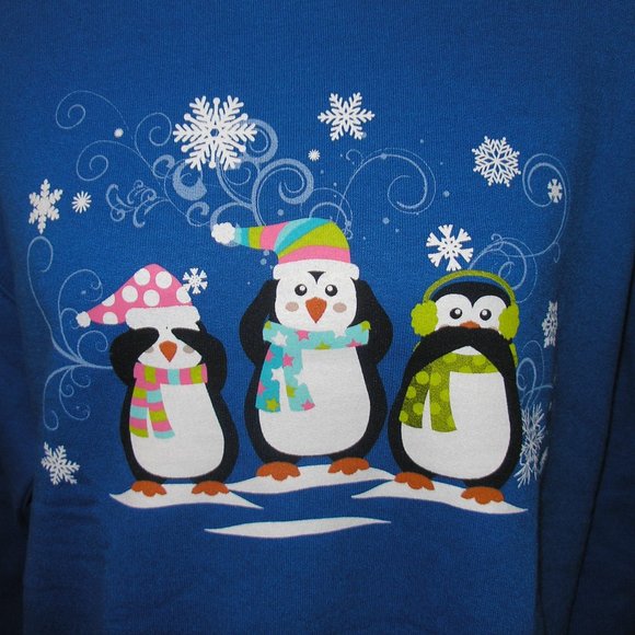 New Women's Small Jerzees Blue Fleece Sweatshirt Screen Printed Penguins - Picture 2 of 13